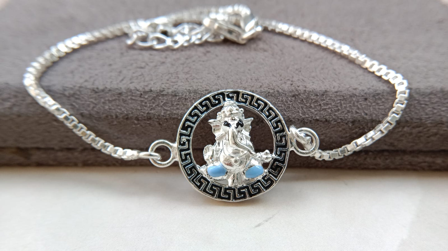 925 Silver Auspicious Ganesha ( ᬒᬁ ) Bracelet Rakhi with Pink Enamel and adjustable Silver chain