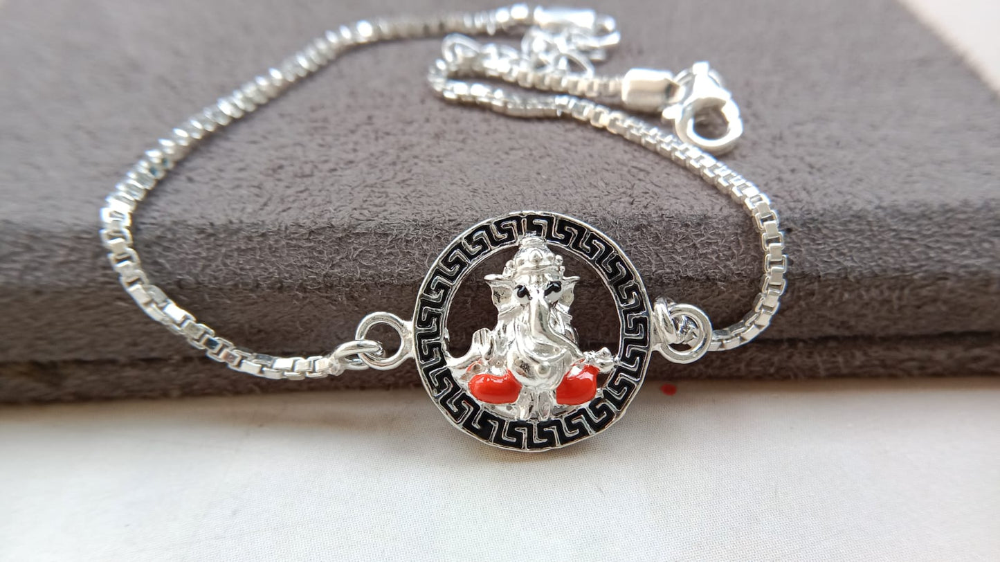 925 Silver Auspicious Ganesha ( ᬒᬁ ) Bracelet Rakhi with Pink Enamel and adjustable Silver chain