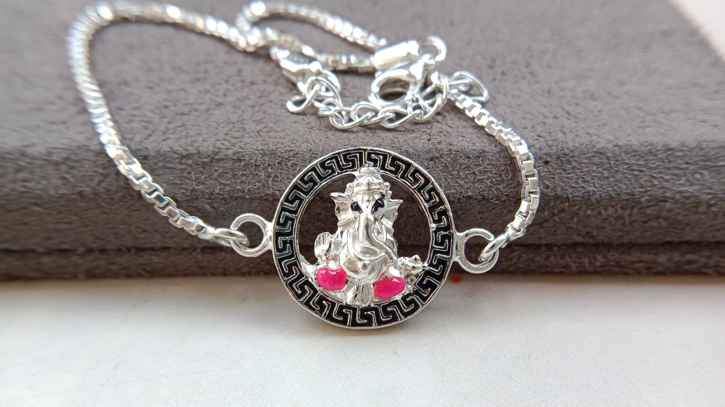 925 Silver Auspicious Ganesha ( ᬒᬁ ) Bracelet Rakhi with Pink Enamel and adjustable Silver chain