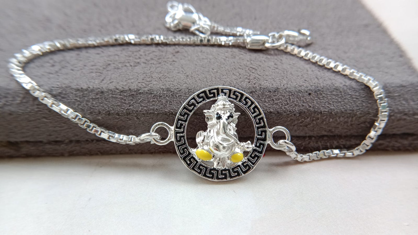 925 Silver Auspicious Ganesha ( ᬒᬁ ) Bracelet Rakhi with Pink Enamel and adjustable Silver chain