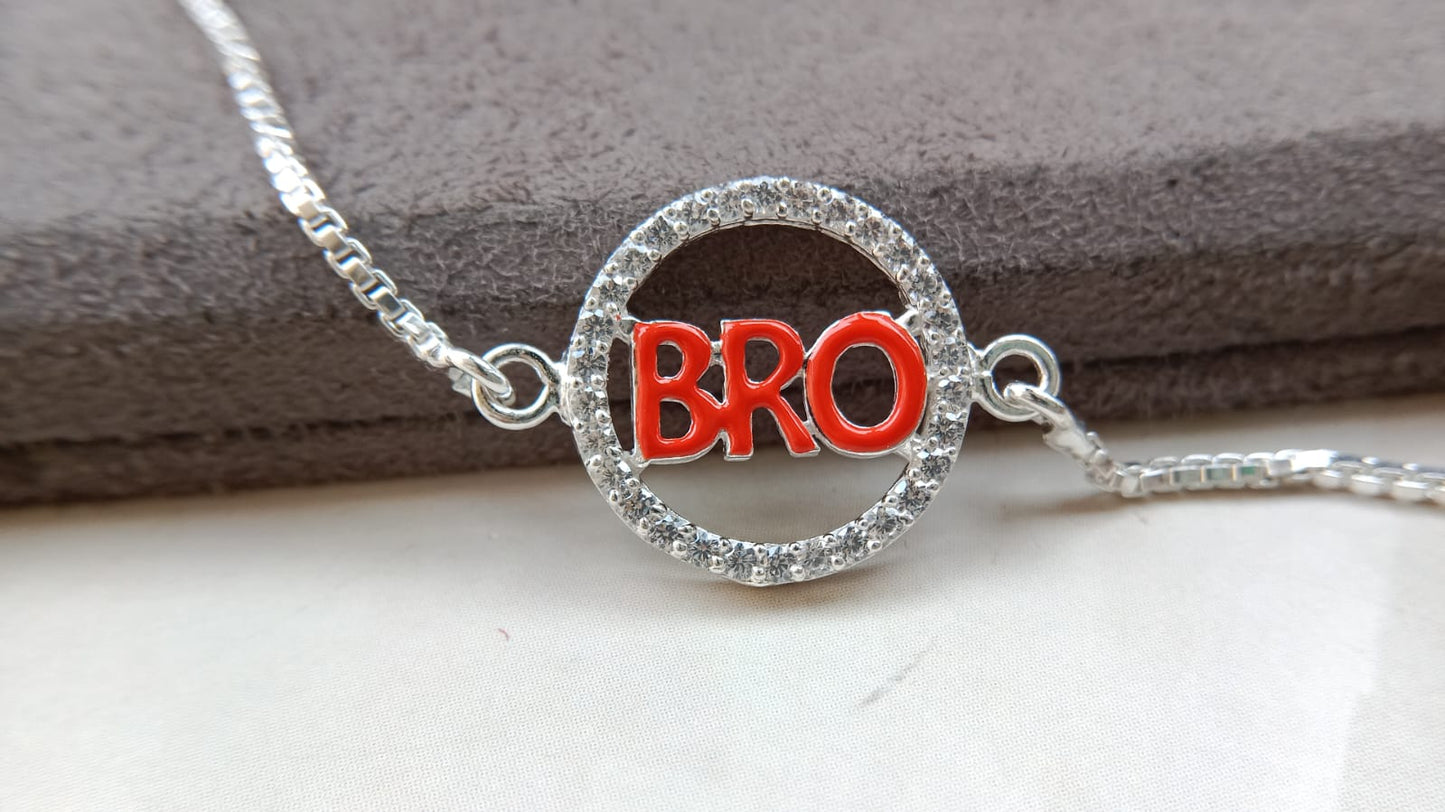Silver "BRO" Symbol Bracelet Rakhi with Adjustable Chain