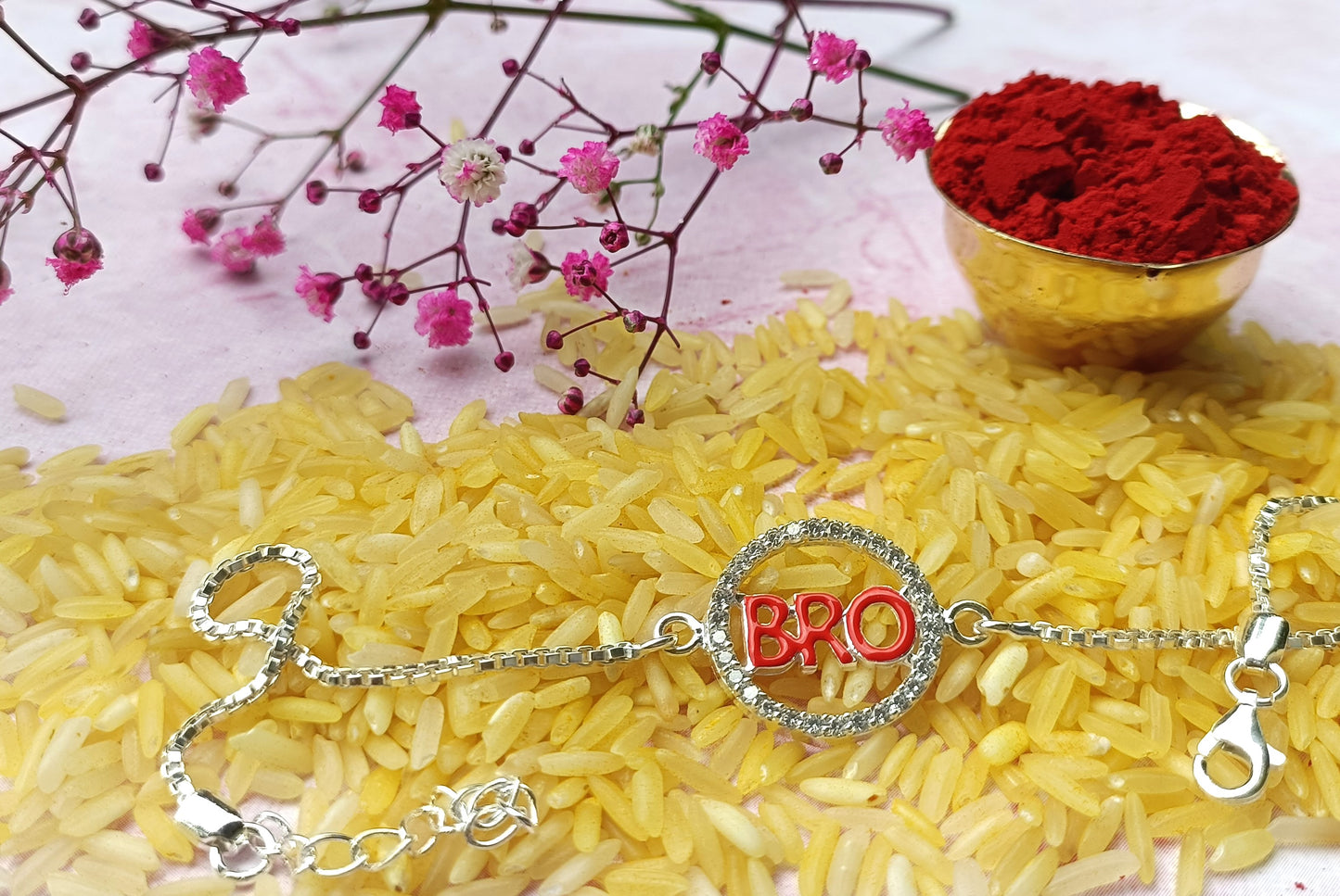 Silver "BRO" Symbol Bracelet Rakhi with Adjustable Chain