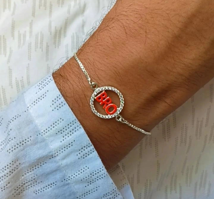 Silver "BRO" Symbol Bracelet Rakhi with Adjustable Chain