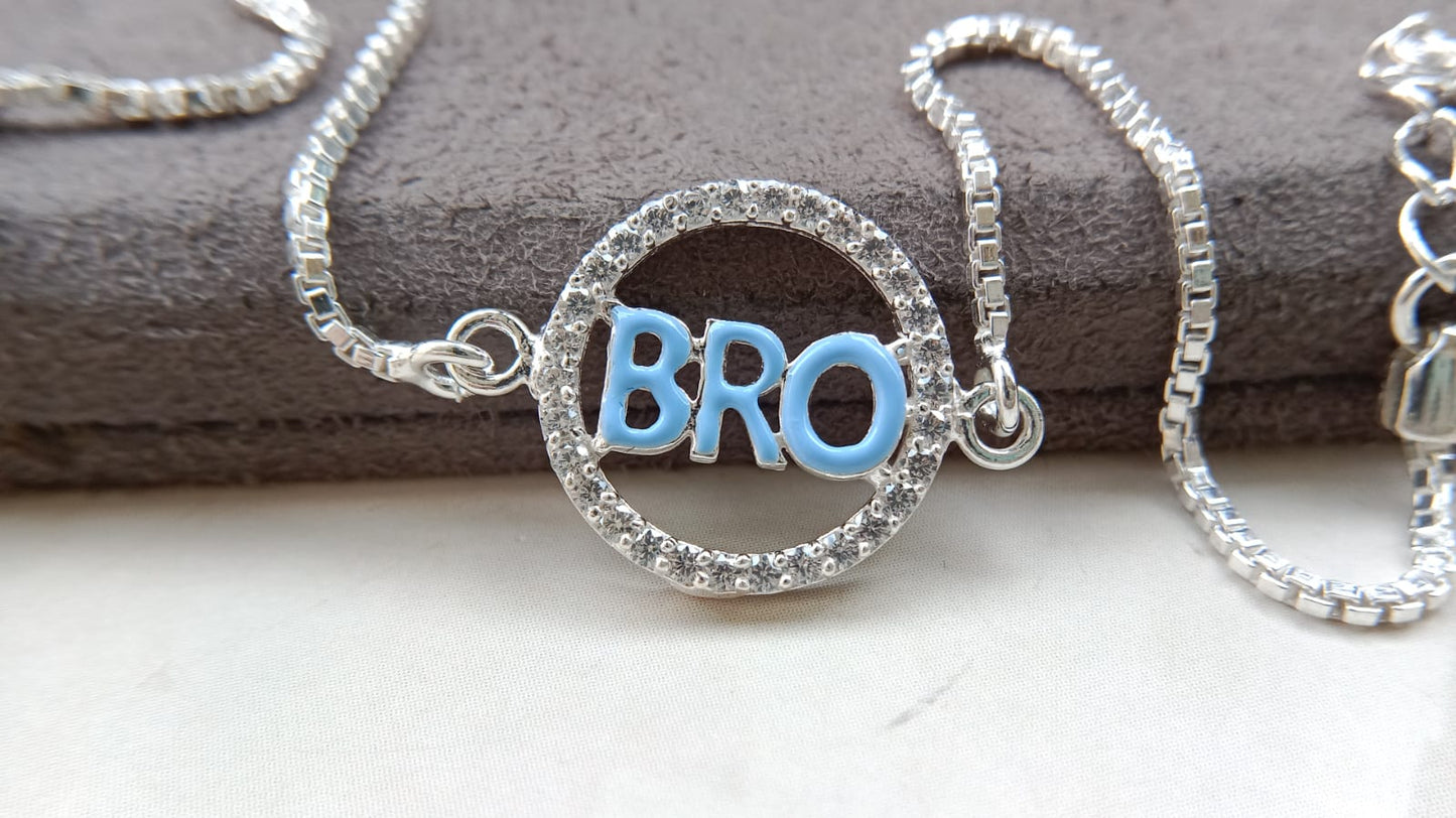 925 Silver ( BRO ) Symbol Bracelet Rakhi with saffron enamal and Adjustable Silver Chain