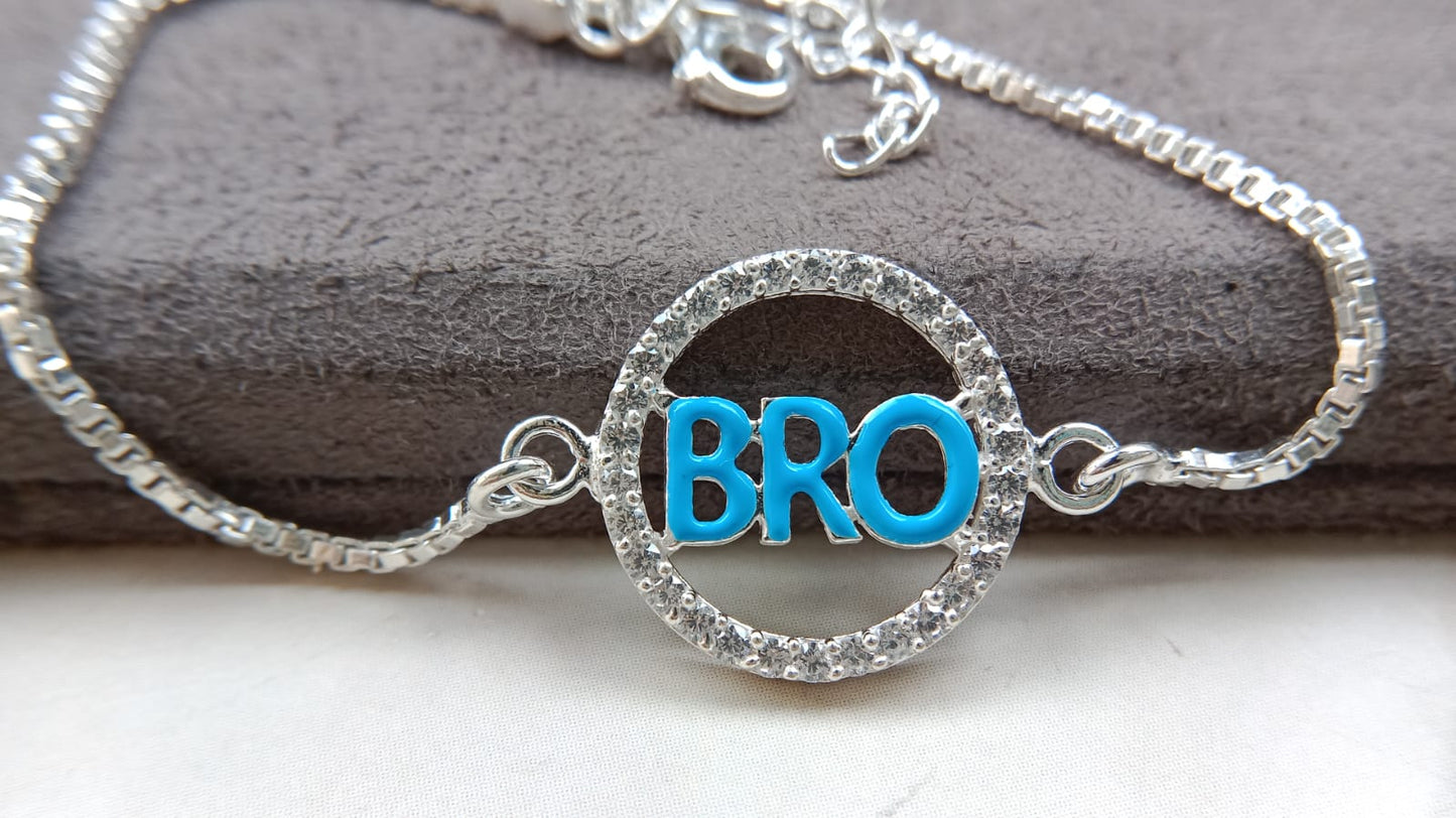 925 Silver ( BRO ) Symbol Bracelet Rakhi with saffron enamal and Adjustable Silver Chain