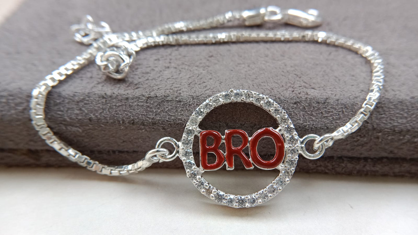 925 Silver ( BRO ) Symbol Bracelet Rakhi with saffron enamal and Adjustable Silver Chain