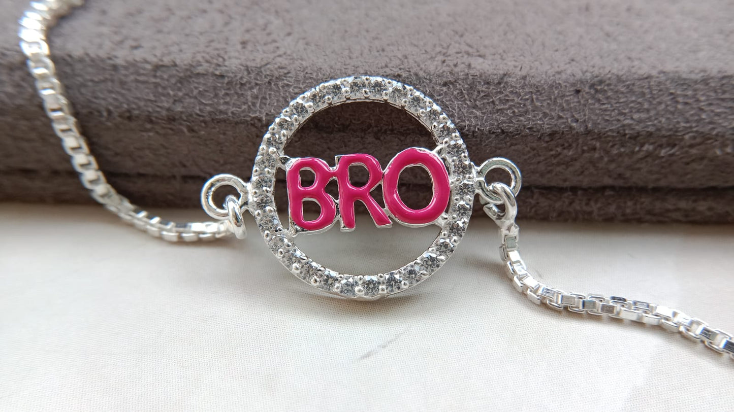 925 Silver ( BRO ) Symbol Bracelet Rakhi with saffron enamal and Adjustable Silver Chain
