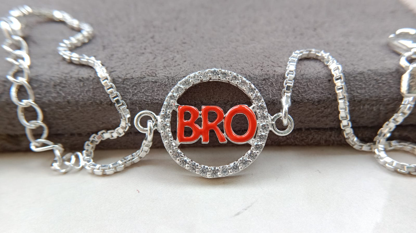 925 Silver ( BRO ) Symbol Bracelet Rakhi with saffron enamal and Adjustable Silver Chain