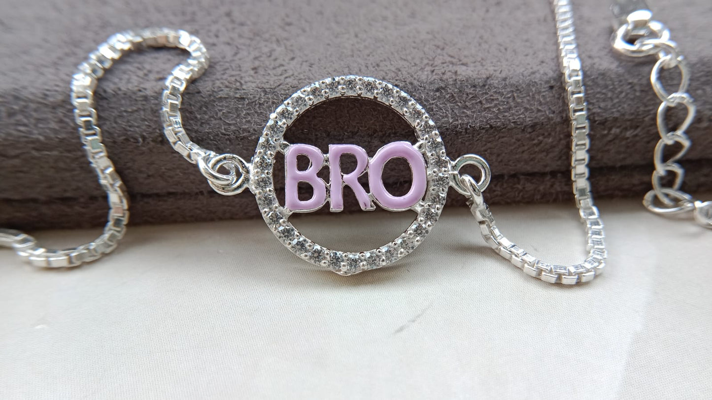 925 Silver ( BRO ) Symbol Bracelet Rakhi with saffron enamal and Adjustable Silver Chain