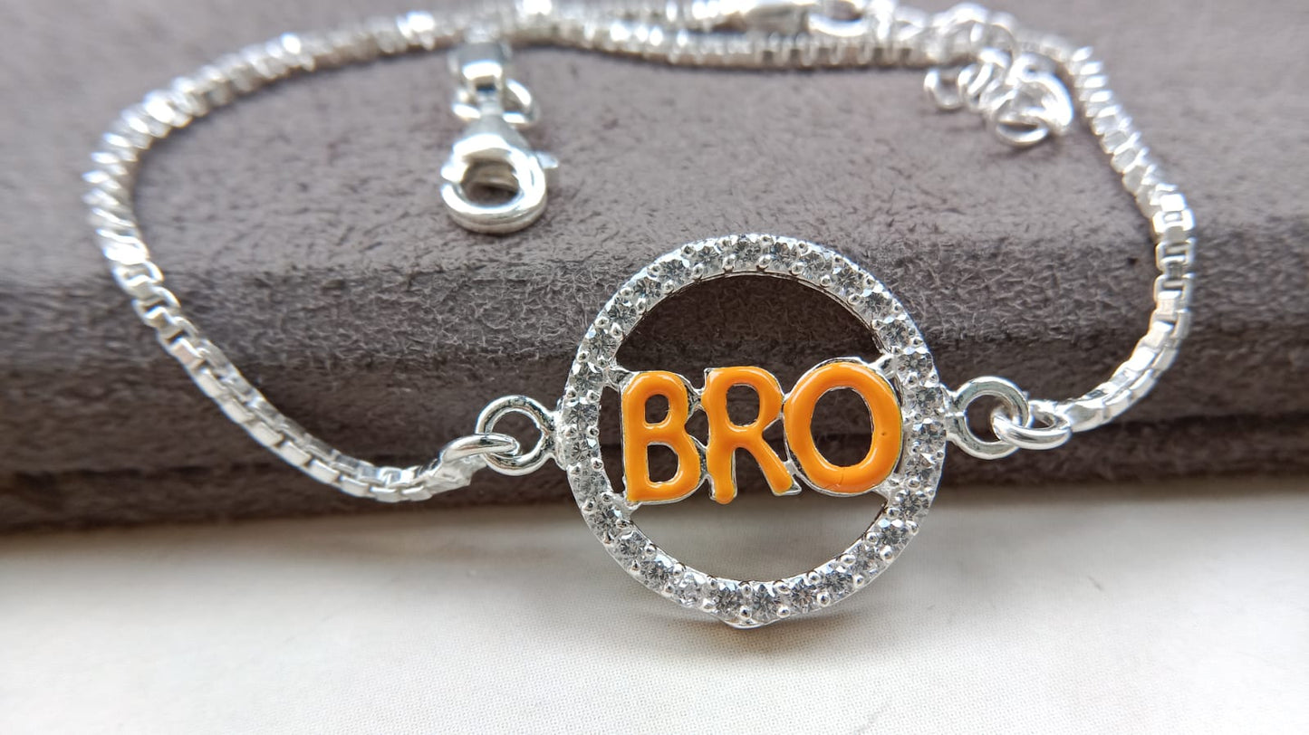 925 Silver ( BRO ) Symbol Bracelet Rakhi with saffron enamal and Adjustable Silver Chain