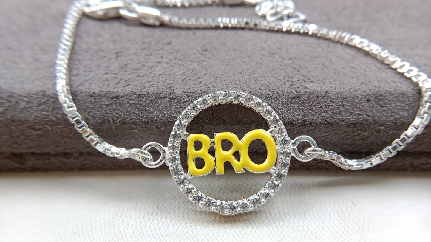 925 Silver ( BRO ) Symbol Bracelet Rakhi with saffron enamal and Adjustable Silver Chain