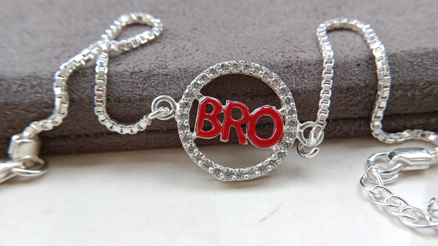 925 Silver ( BRO ) Symbol Bracelet Rakhi with saffron enamal and Adjustable Silver Chain