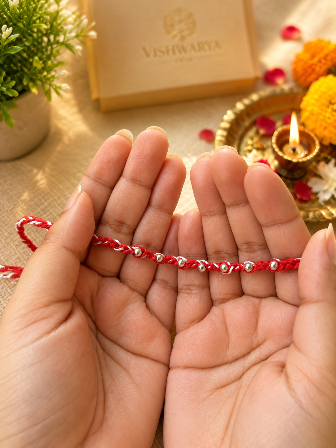 925 Silver Beaded Red Thread Rakhi for Brother