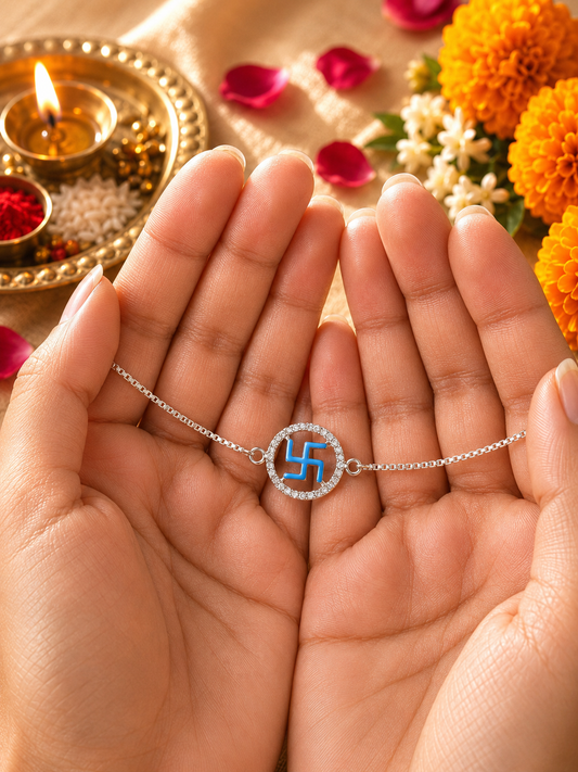 925 Silver Auspicious Swastik (卐) Bracelet Rakhi with Blue Enamel and adjustable Silver chain
