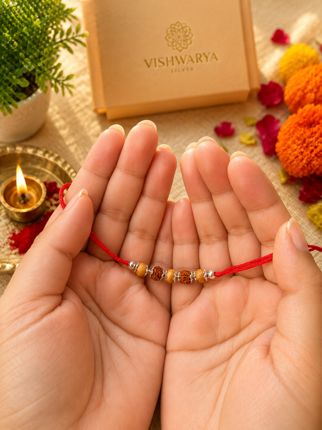 925 Silver Sacred Rudraksha (📿ૐ ) Rakhi with Red Thread