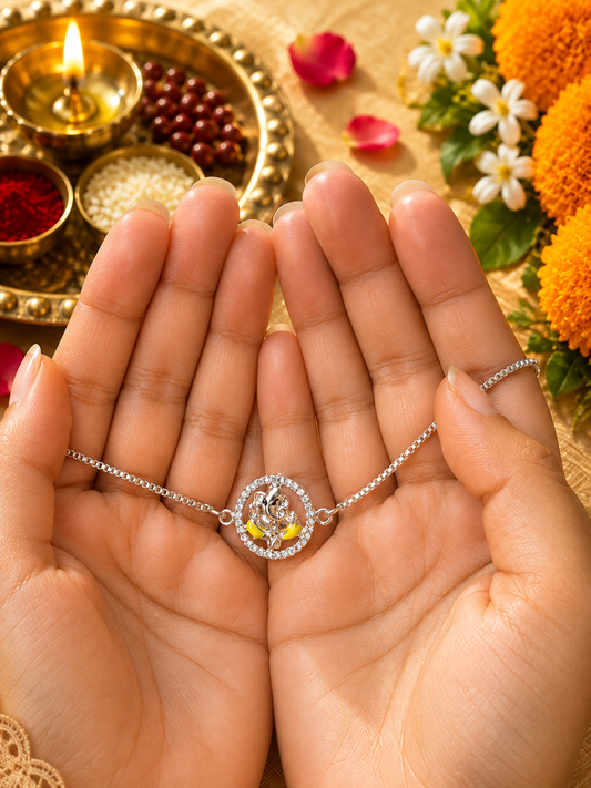 925 Silver Auspicious Ganesha ( ᬒᬁ ) Bracelet Rakhi with Yellow Enamel and adjustable Silver chain