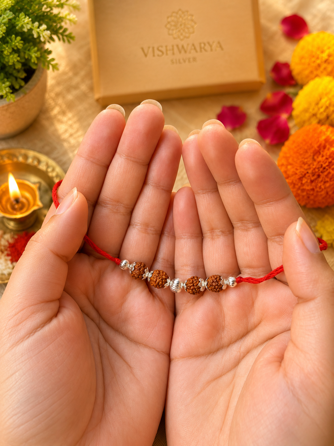925 Silver Sacred Rudraksha (📿ૐ ) Rakhi with Red Thread