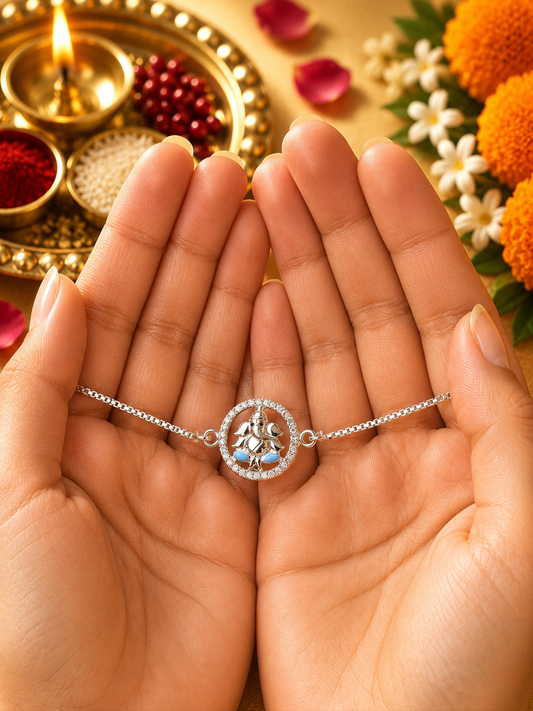 925 Silver Auspicious Ganesha ( ᬒᬁ ) Bracelet Rakhi with Blue Enamel and adjustable Silver chain