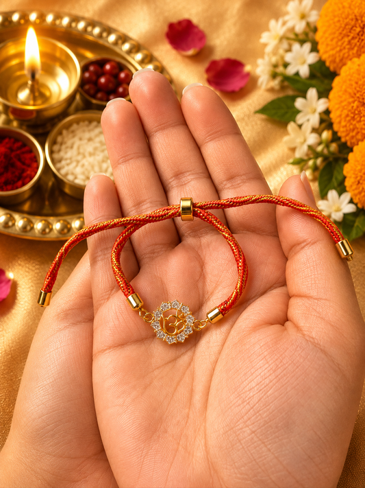 925 Silver Om Symbol (ॐ) Rakhi for Brother with stylish Braided Adjustable Slider Cord