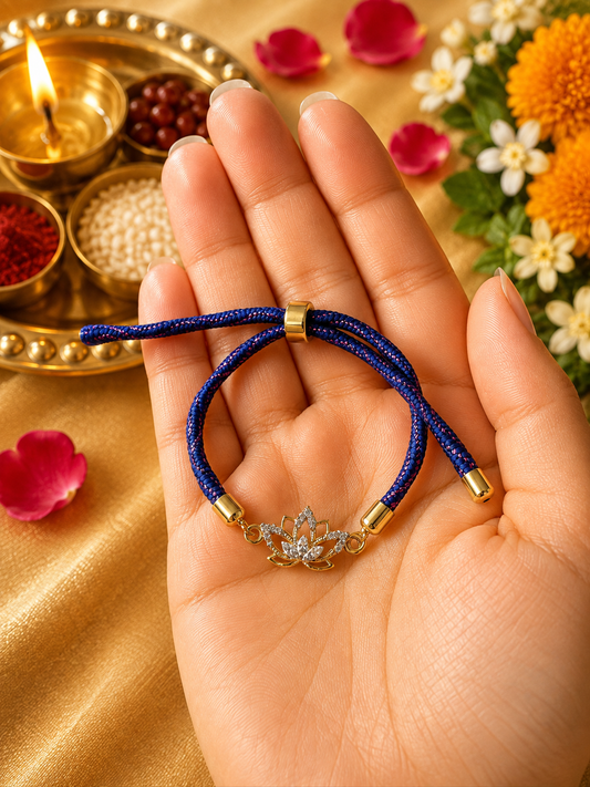 925 Silver Auspicious Lotus Rakhi with Braided Adjustable Slider Cord