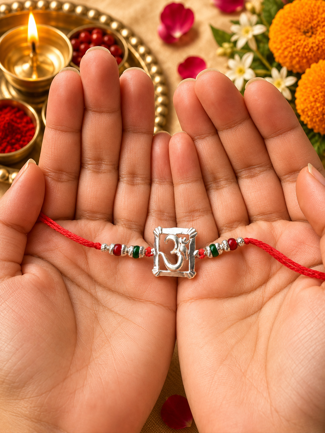 925 Silver Om Symbol (ॐ) Rakhi for Brother with Red Thread & Multicolor Beads