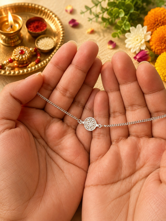 925 Silver Mandala ( ⚛ ) Bracelet Rakhi with adjustable Silver chain