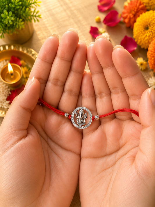 925 Silver Auspicious Ganesha ( ᬒᬁ ) Rakhi for Brother with Red Thread