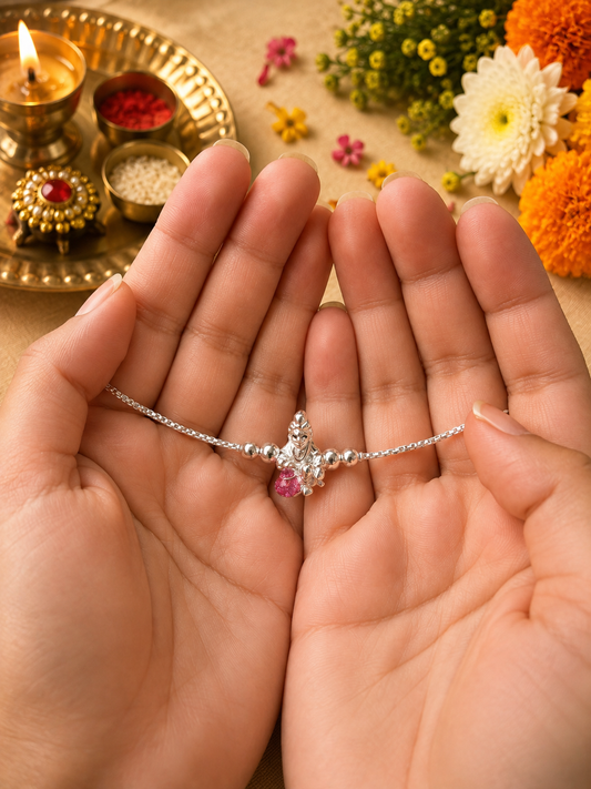 925 Silver Laddu Gopal Kanha ( 🪈👣🦚 ) Bracelet Rakhi for Brother with Adjustable Silver Chain