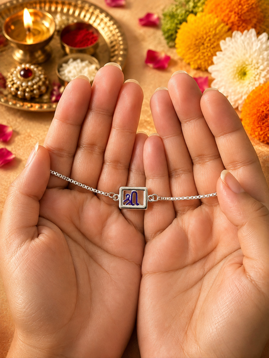 925 Silver Shree ( श्री ) Symbol Bracelet Rakhi for Brother with Adjustable Silver Chain