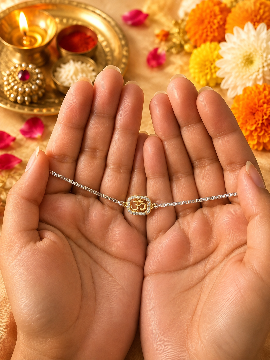 925 Silver Sacred Om Symbol (ॐ) Bracelet Rakhi for Brother with Adjustable Silver Chain