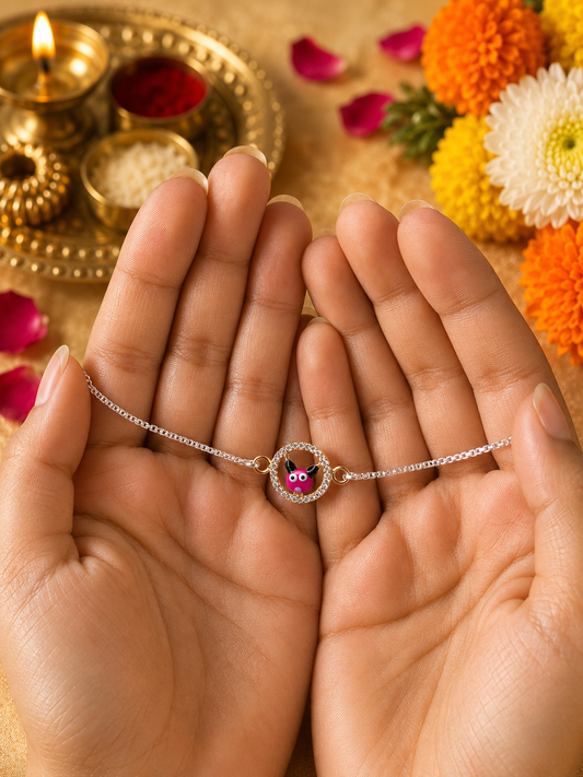 925 Silver Pink Bug Bracelet Rakhi for Kids with Adjustable Silver Chain