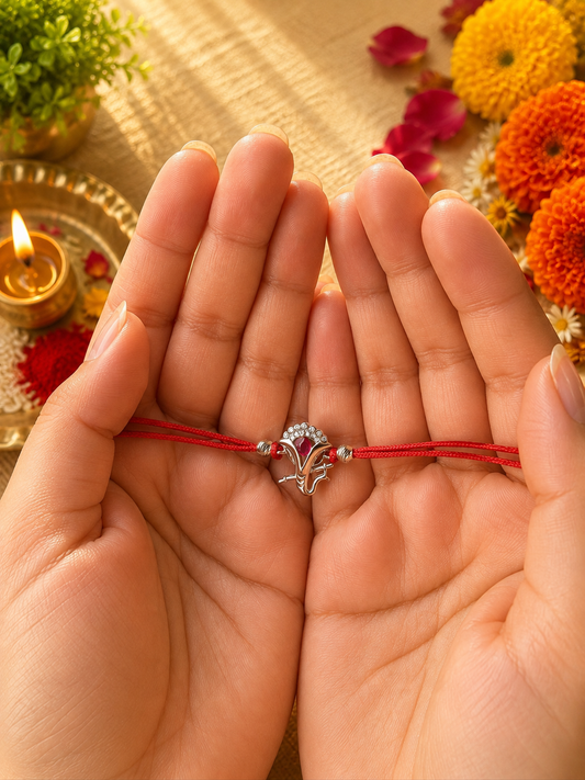 925 Silver Sacred Ganpati ( ᬒᬁ ) Rakhi for Brother with Red Thread