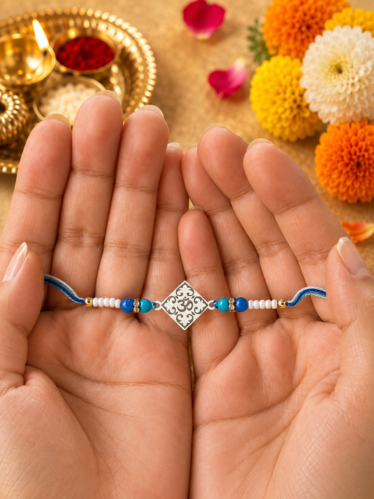 925 Silver Kids Rakhi with Om  (ॐ) Charm & Blue Beads