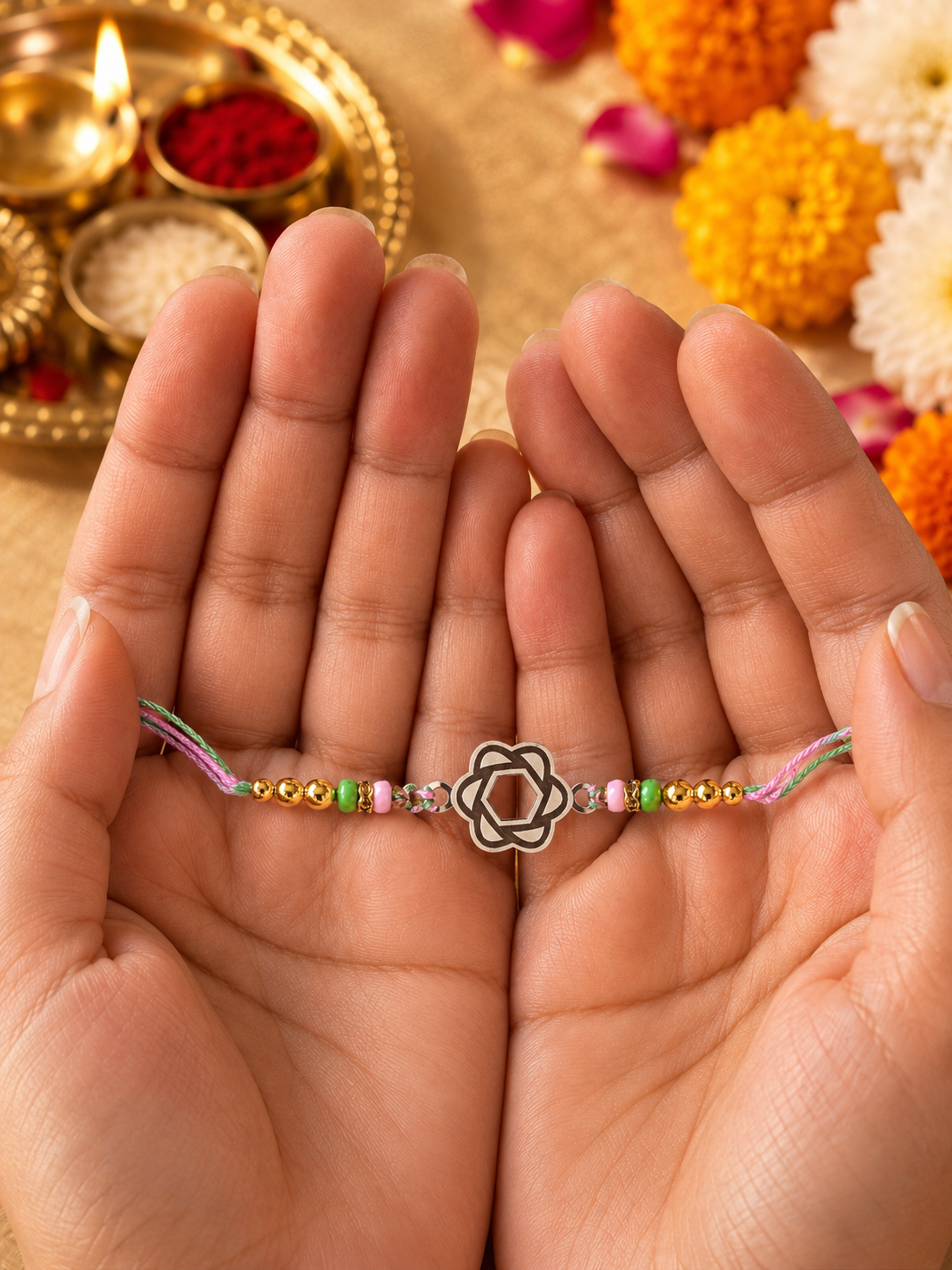 925 Silver Kids Rakhi with Colourful Beads & Floral Charm