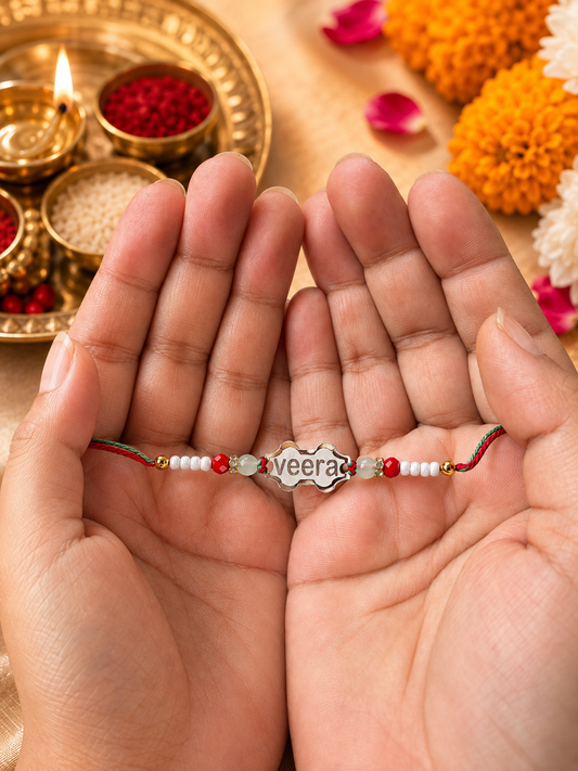 925 Silver Rakhi "Veera" ( ਵੀਰਾ ) for Kids with multicolor beads