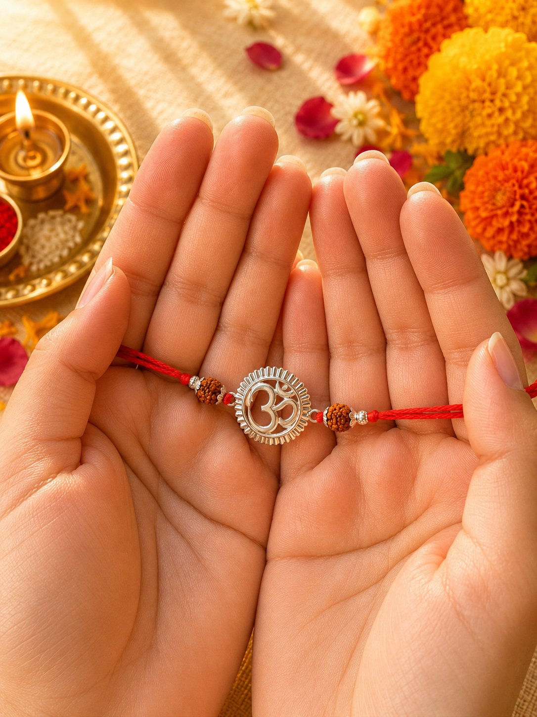 925 Silver Om Symbol (ॐ) Rudraksha Rakhi for Brother with Red Thread
