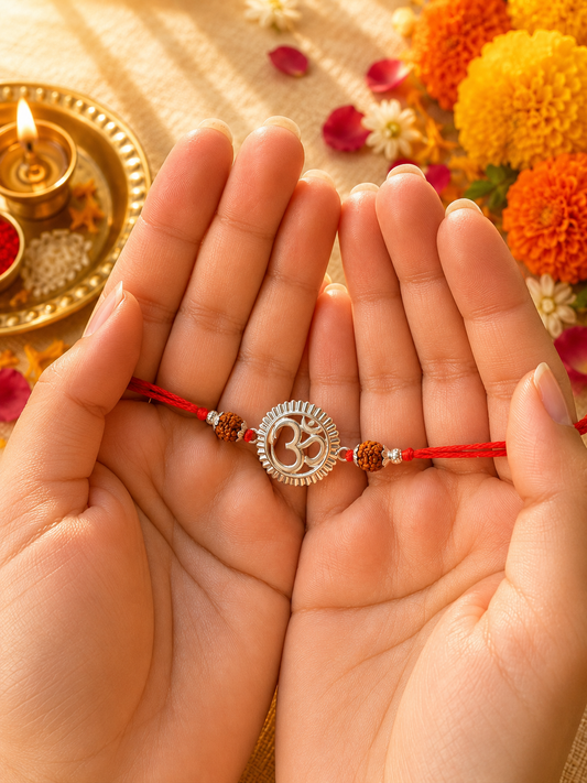 925 Silver Om Symbol (ॐ) Rudraksha Rakhi for Brother with Red Thread