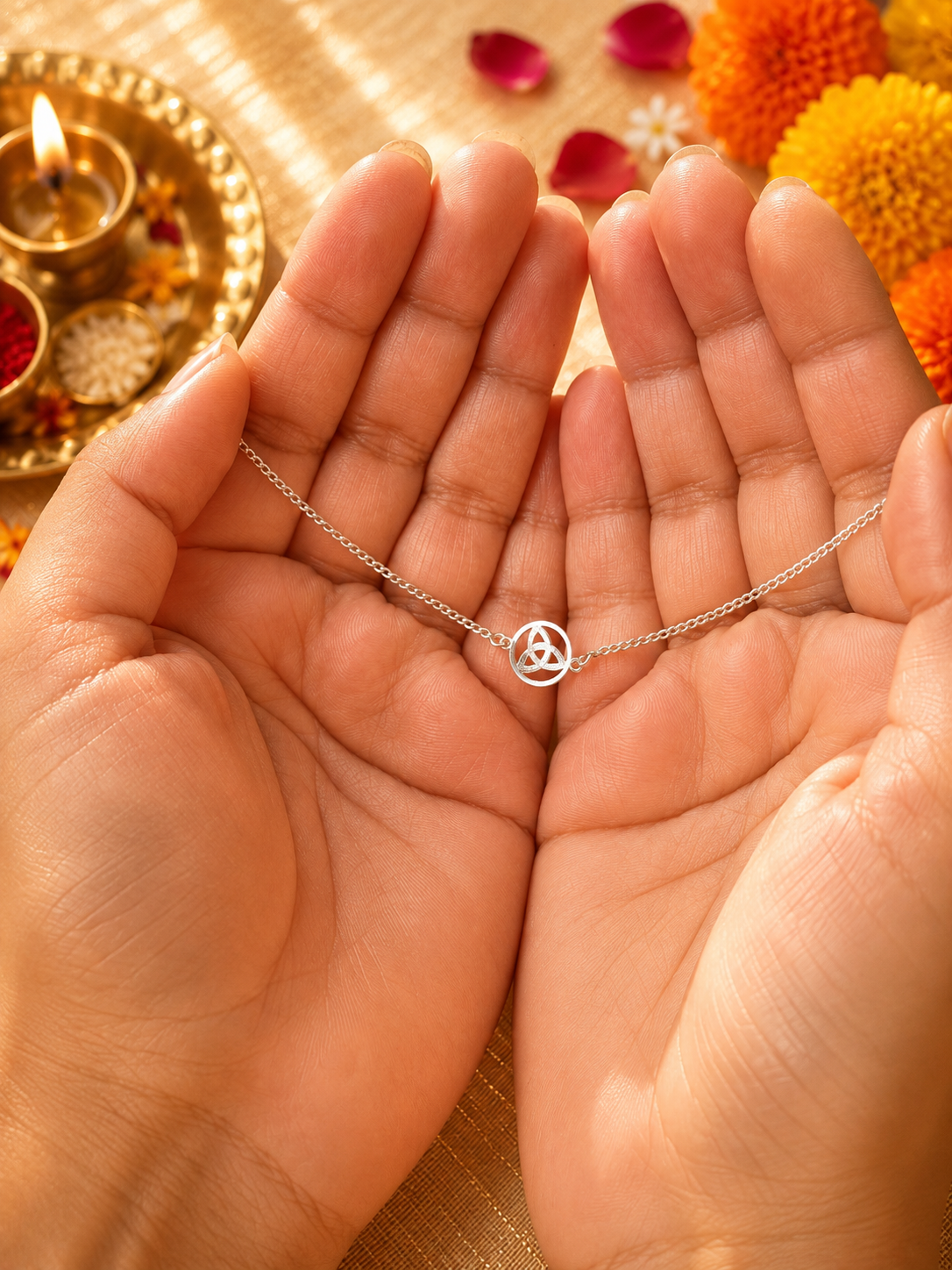 925 Silver Auspicious Trinity Knot ( ☣ ) Bracelet Rakhi with Adjustable Silver Chain