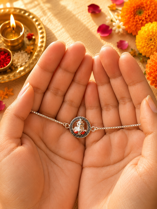 925 Silver Auspicious Ganesha ( ᬒᬁ ) Bracelet Rakhi with Pink Enamel and adjustable Silver chain