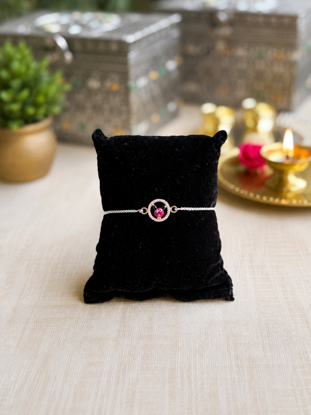 925 Silver Pink Bug Bracelet Rakhi for Kids with Adjustable Silver Chain