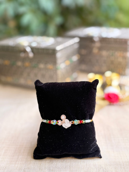 925 Silver Mickey Mouse Rakhi for Kids with Multicolour Beads