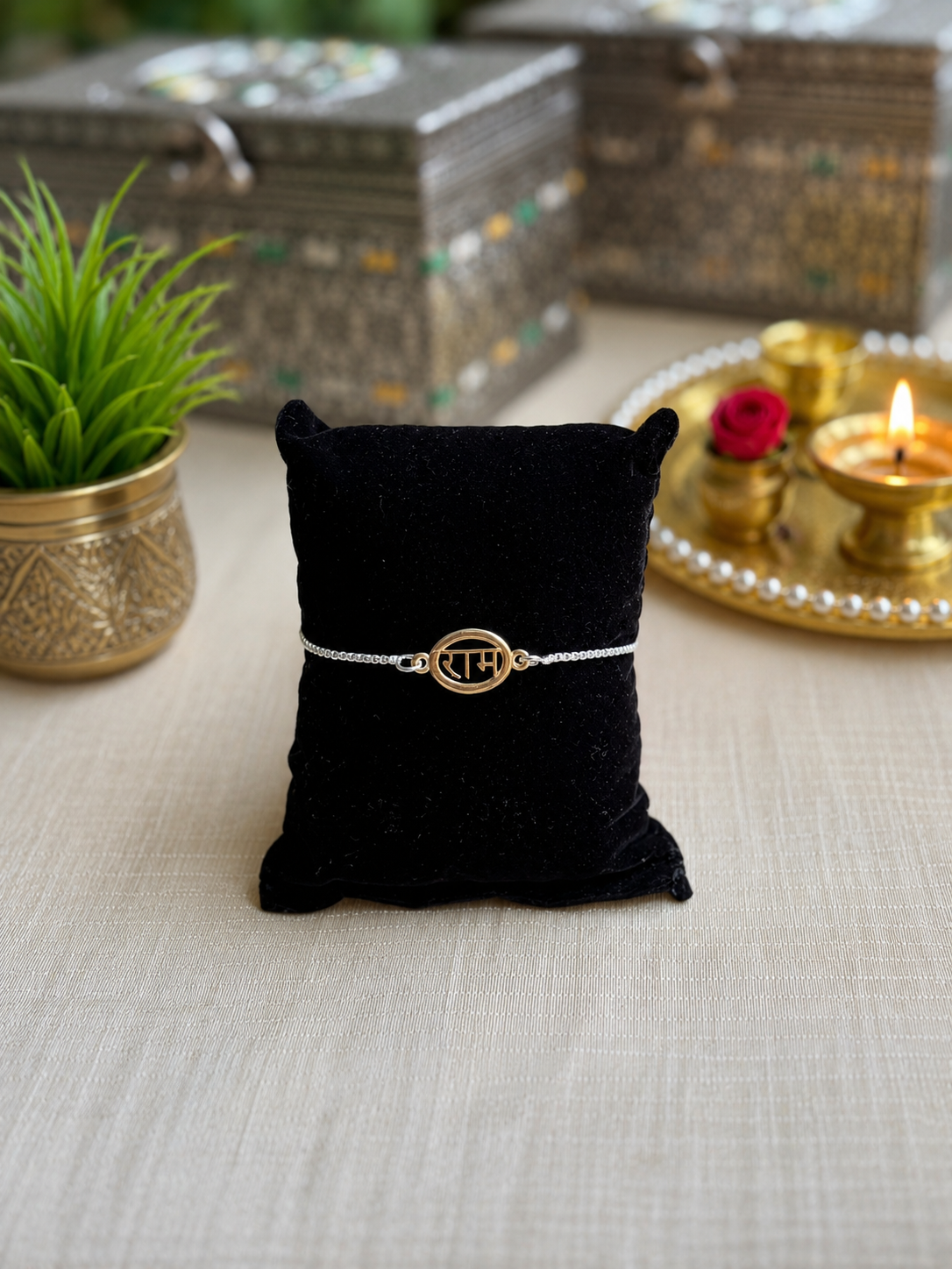 925 Silver Shree Ram ( राम ) Bracelet Rakhi for Brother with Adjustable Silver Chain