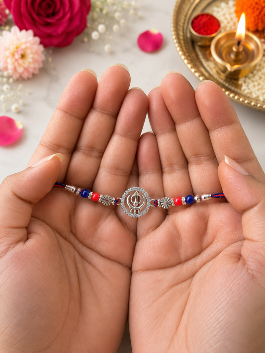 925 Silver Sacred Khanda Symbol (☬) Rakhi for Brother with Thread and Multicolored Beads