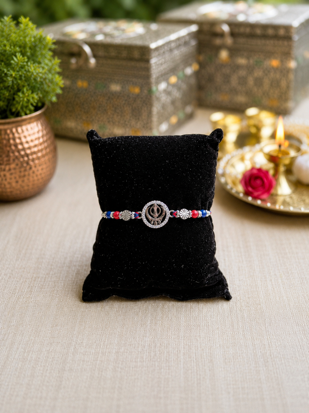 925 Silver Sacred Khanda Symbol (☬) Rakhi for Brother with Thread and Multicolored Beads