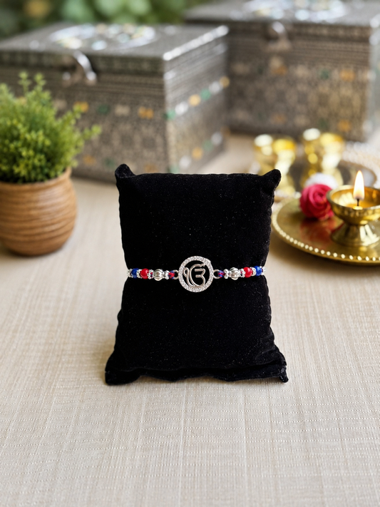 925 Silver Sacred Ik Onkar Symbol (ੴ) Rakhi for Brother with Thread and Multicolor Beads