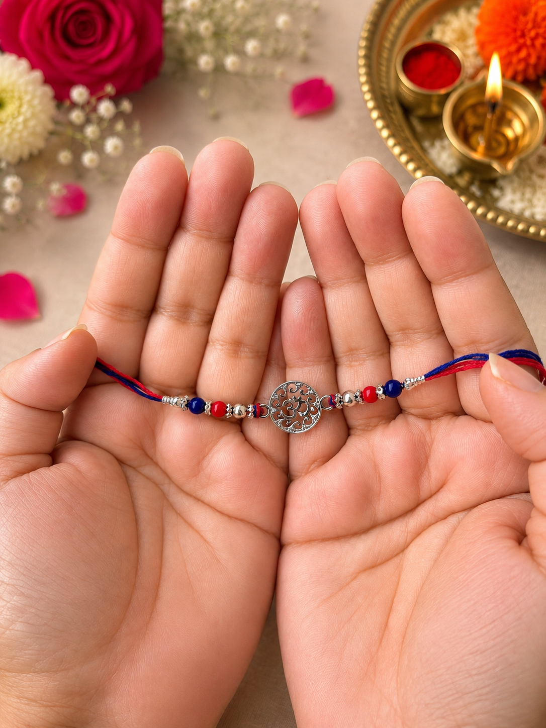 925 Silver Sacred Om Symbol (ॐ) Rakhi for Brother with Thread and Multicolor Beads