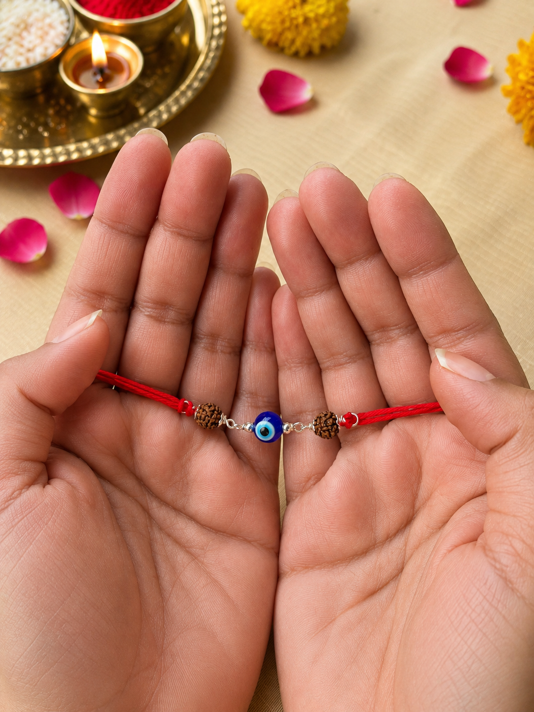 925 Silver Evil Eye (🧿) Rudraksha Rakhi for Brother with Red Thread
