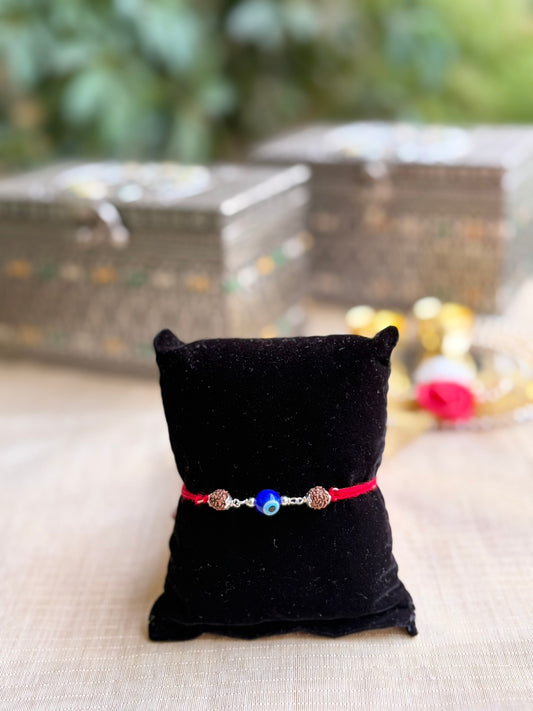 925 Silver Evil Eye (🧿) Rudraksha Rakhi for Brother with Red Thread