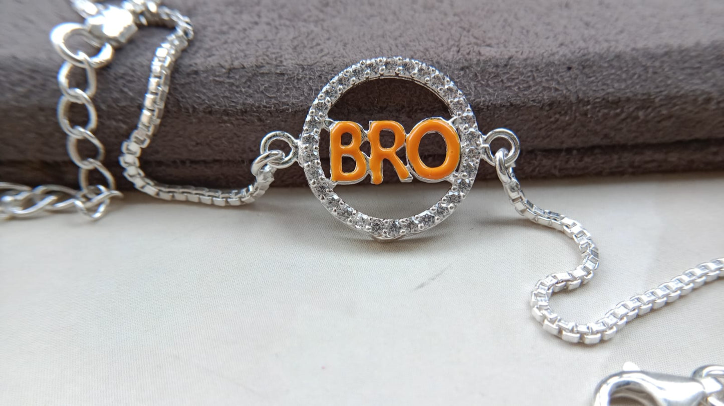 925 Silver ( BRO ) Symbol Bracelet Rakhi with saffron enamal and Adjustable Silver Chain