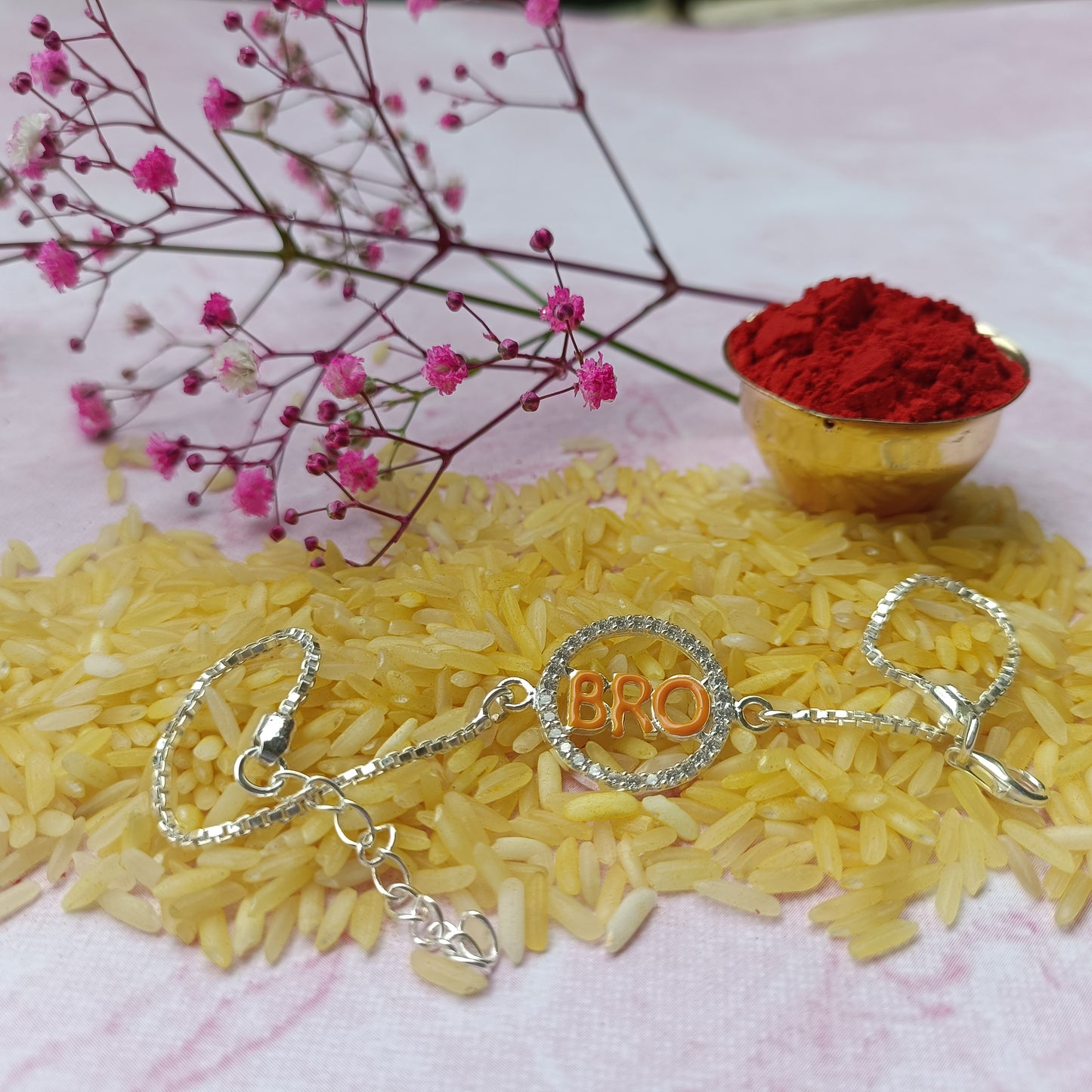 925 Silver ( BRO ) Symbol Bracelet Rakhi with saffron enamal and Adjustable Silver Chain